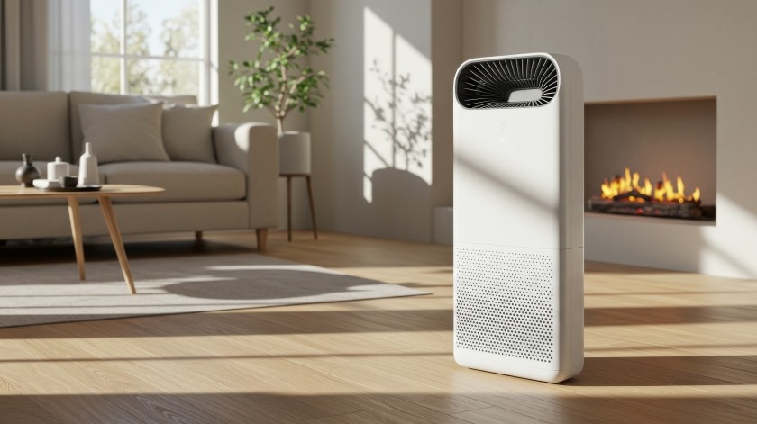 Air purifier on hardwood floors, maintaining high indoor air quality for home wellness.